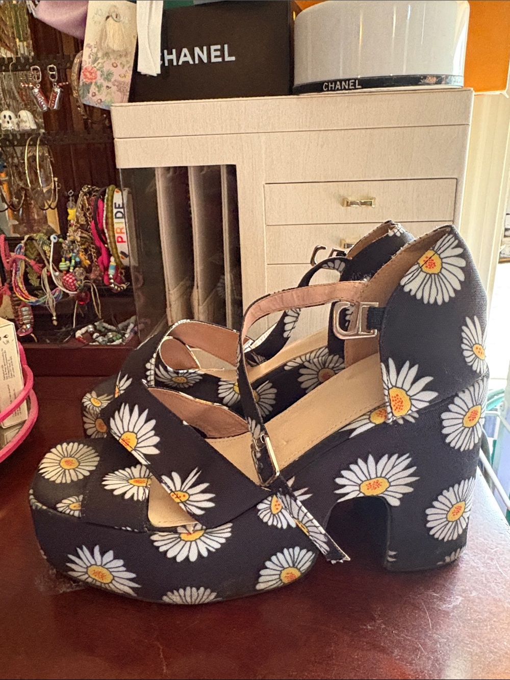 Daisy Print Platform Mary Jane Heels - Black